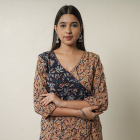 Beige Pedana Block Print Cotton Patchwork Straight Kalamkari Kurta