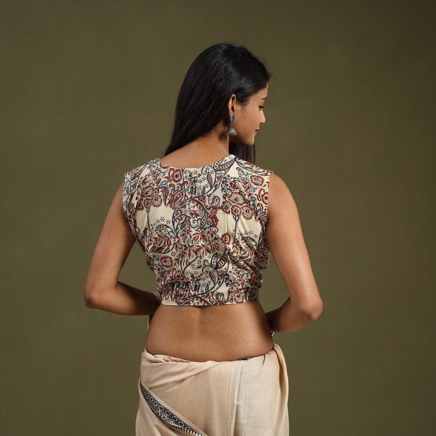 Buy Beige Pedana Block Print Cotton Stitched Kalamkari Blouse