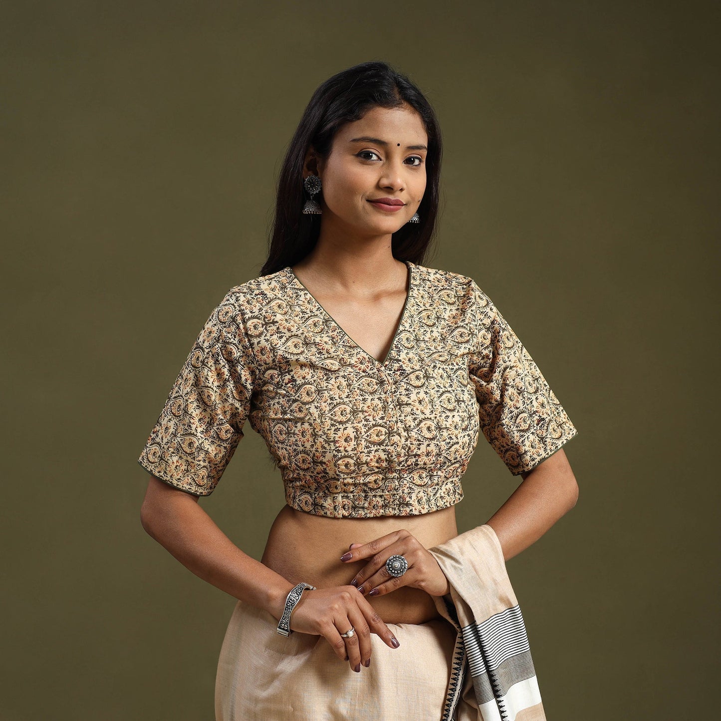 Buy Beige Pedana Block Print Cotton Stitched Kalamkari Blouse
