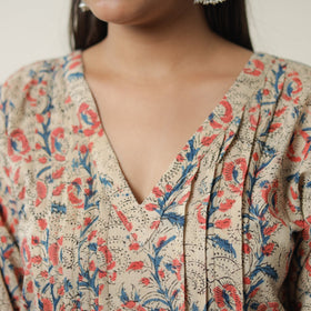 Pedana Beige Block Print Cotton Straight Kalamkari Kurta for Women