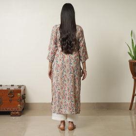 Pedana Beige Block Print Cotton Straight Kalamkari Kurta for Women