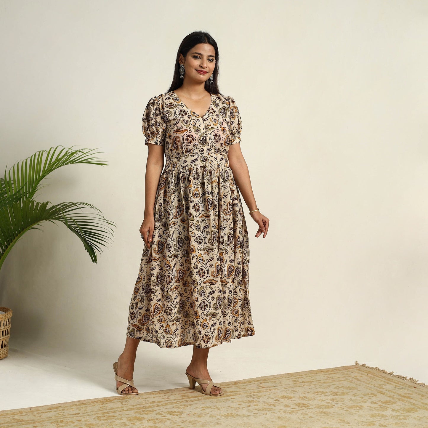 Pedana Block Print Mul Cotton Flared Kalamkari Dress