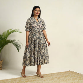 Pedana Block Print Mul Cotton Tiered Beige Kalamkari Dress