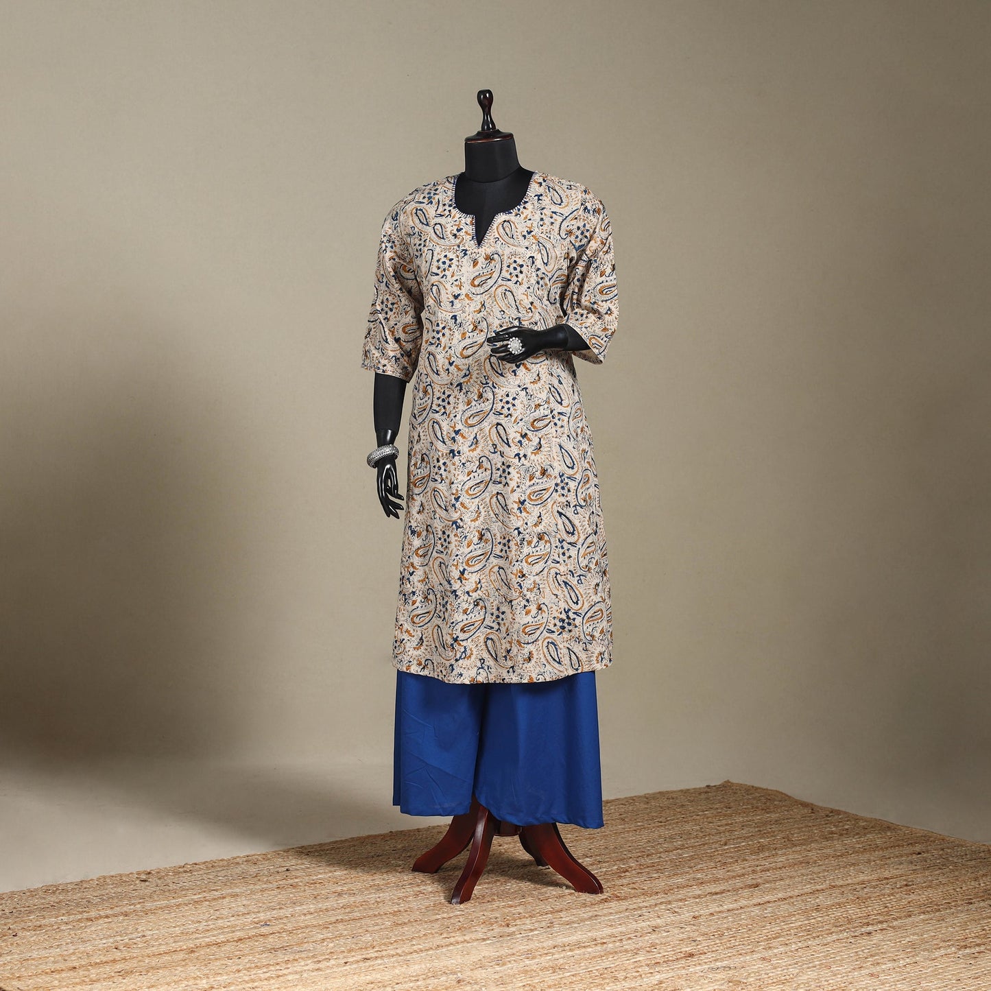 Beige - pedana natural dyed cotton a-line hand embroidery