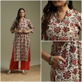 Beige - pedana natural dyed cotton straight kalamkari kurta