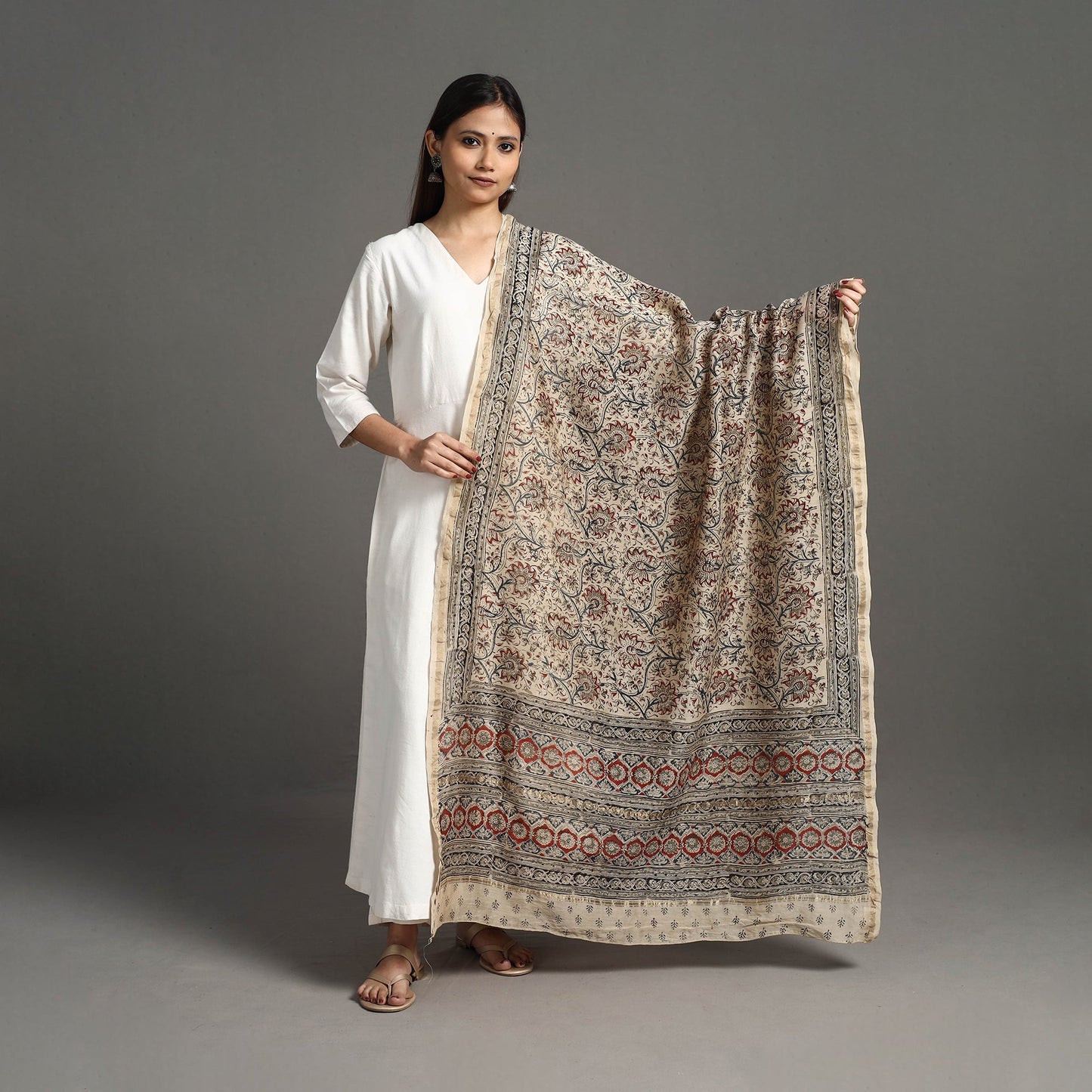 Buy Beige Pedana Block Print Chanderi Silk Kalamkari Dupatta