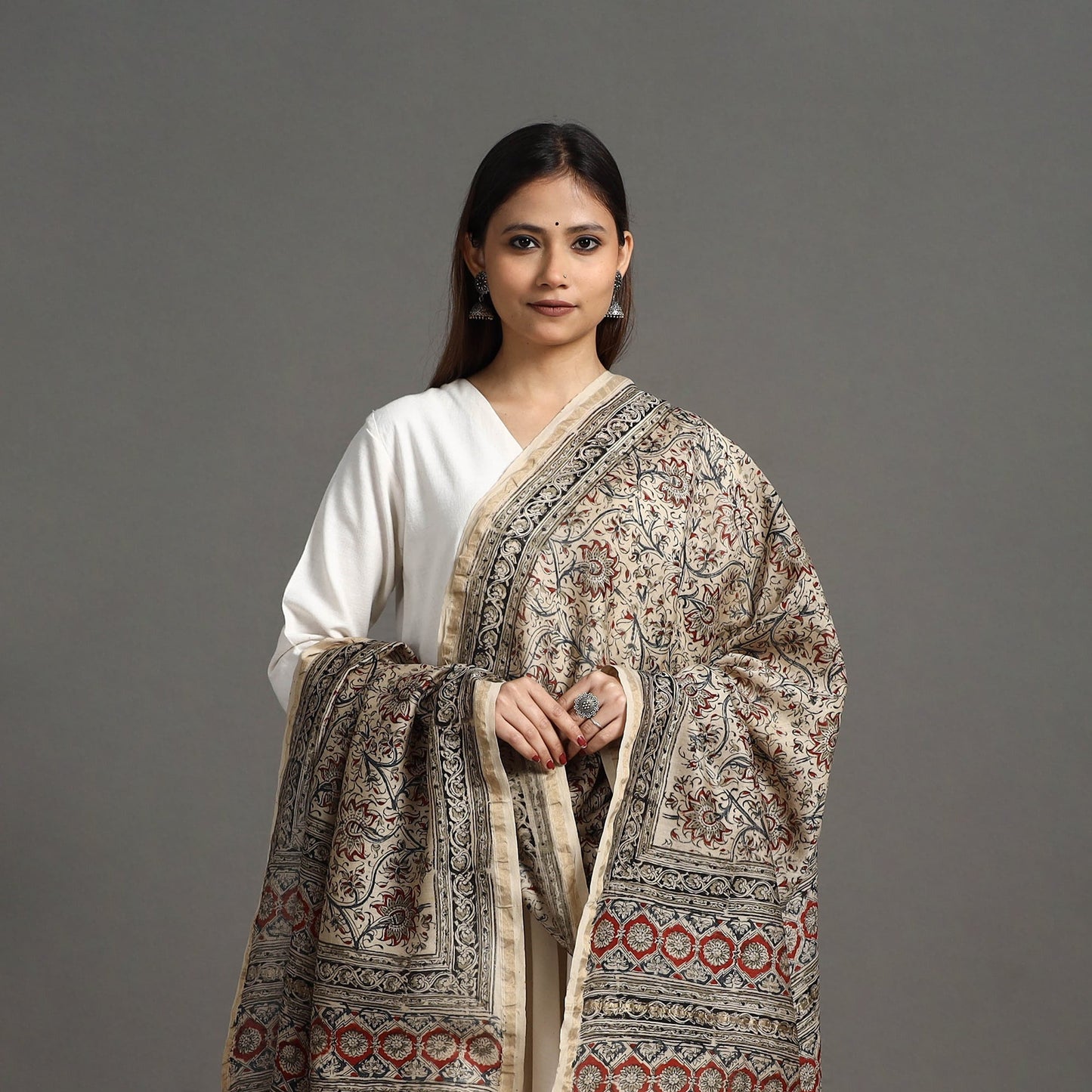 Buy Beige Pedana Block Print Chanderi Silk Kalamkari Dupatta