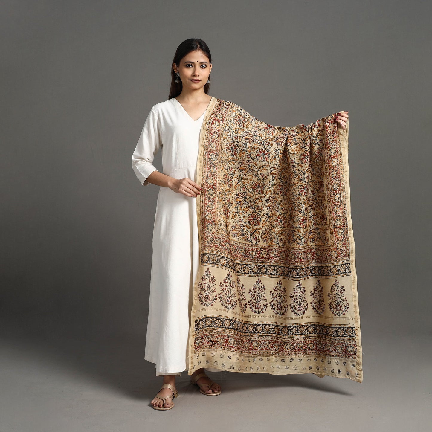 Buy Pedana Block Print Chanderi Silk Beige Kalamkari Dupatta