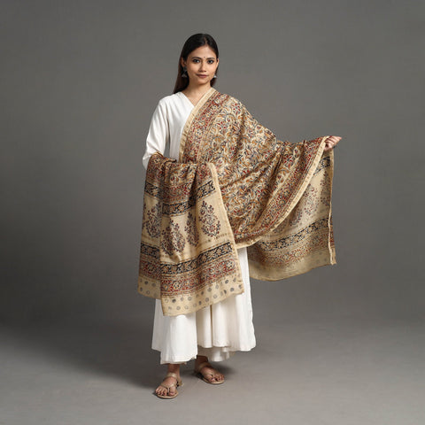 Buy Pedana Block Print Chanderi Silk Beige Kalamkari Dupatta