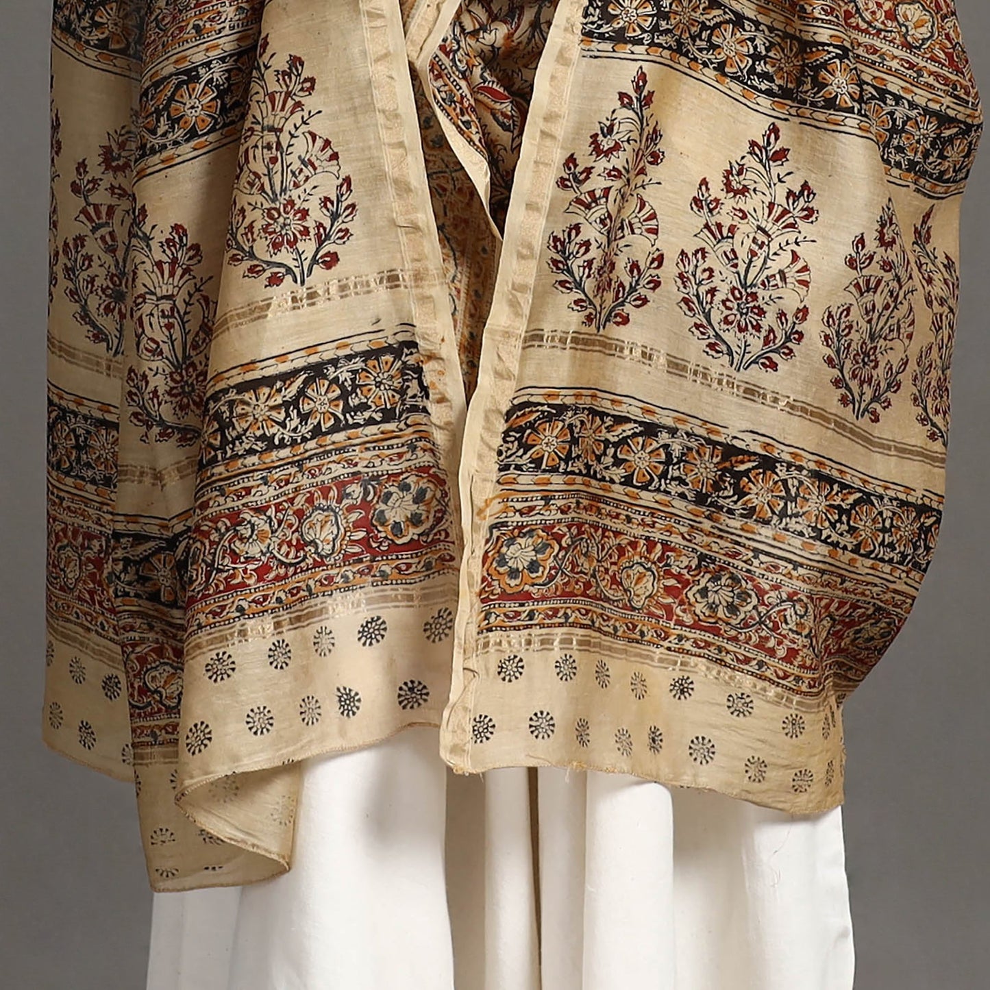 Buy Pedana Block Print Chanderi Silk Beige Kalamkari Dupatta