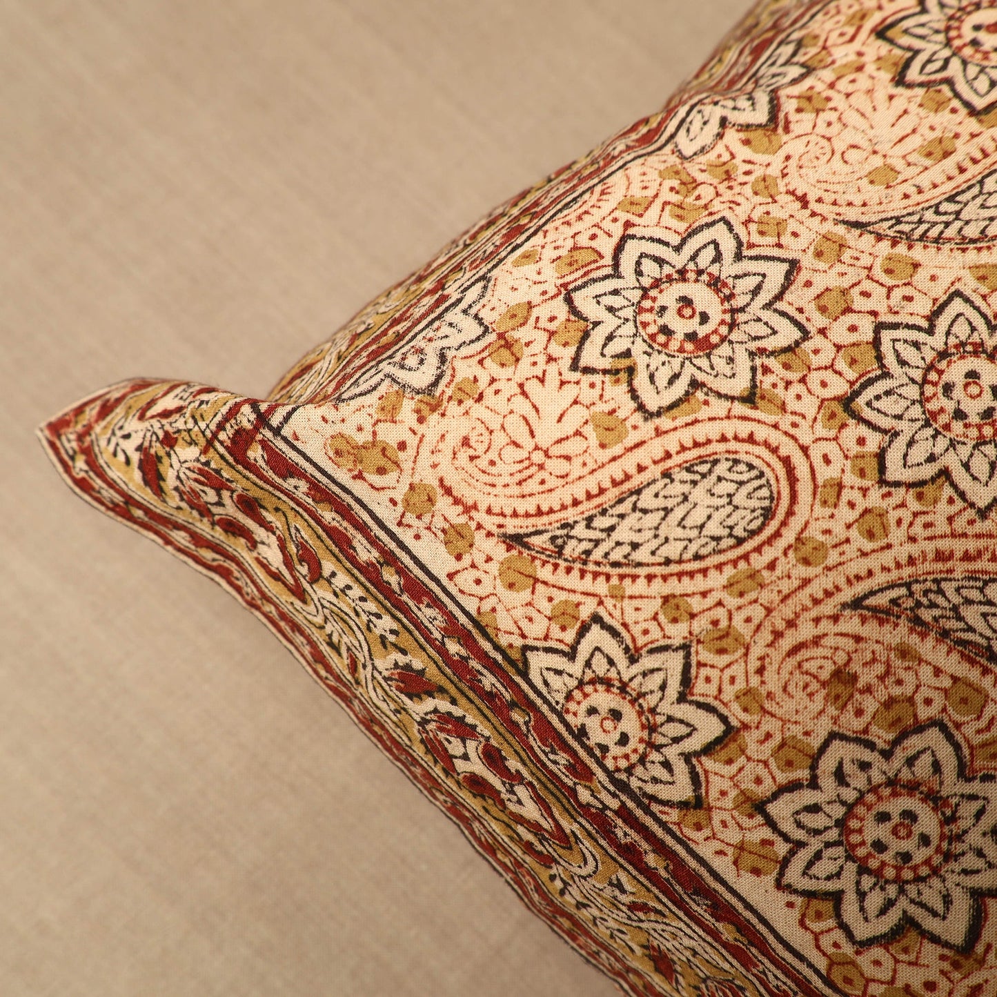 Beige - Pedana Block Print Cotton Kalamkari Cushion Cover 07