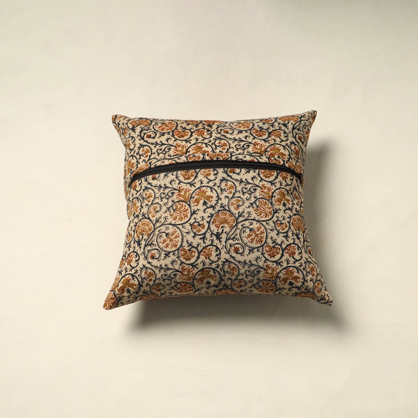 Beige Pedana Block Print Cotton Kalamkari Cushion Cover