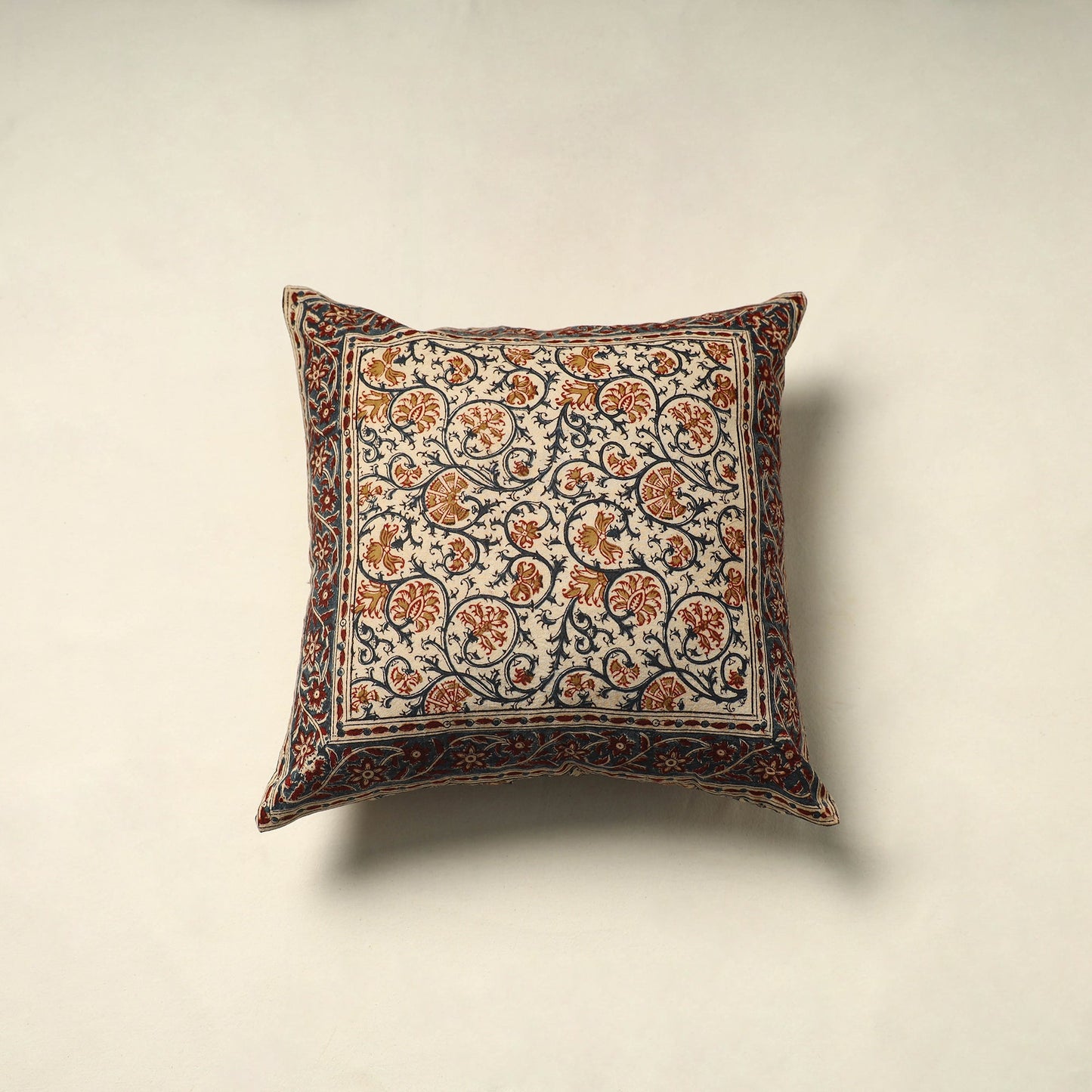 Beige Pedana Block Print Cotton Kalamkari Cushion Cover