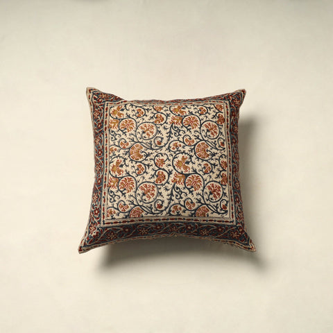 Beige Pedana Block Print Cotton Kalamkari Cushion Cover