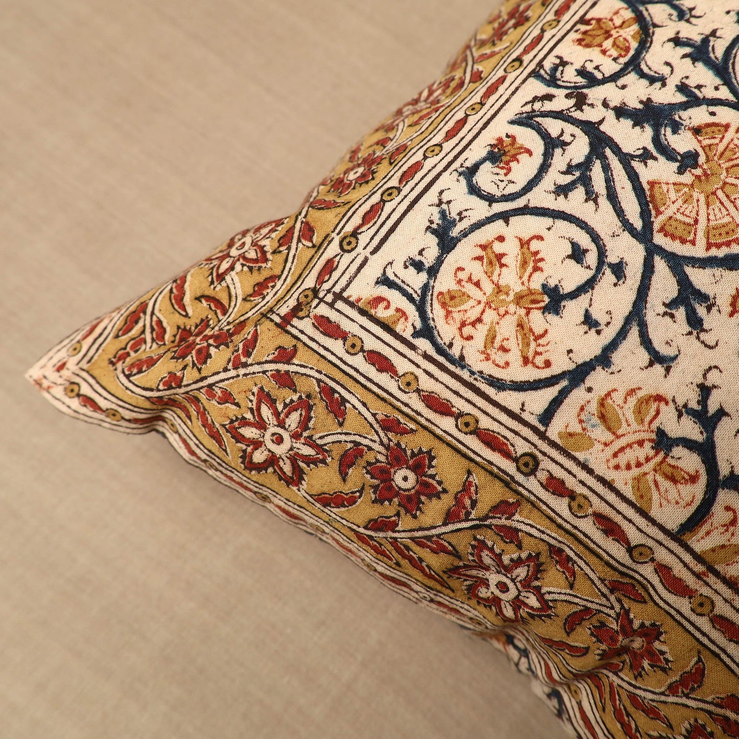 Beige Pedana Block Print Cotton Kalamkari Cushion Cover