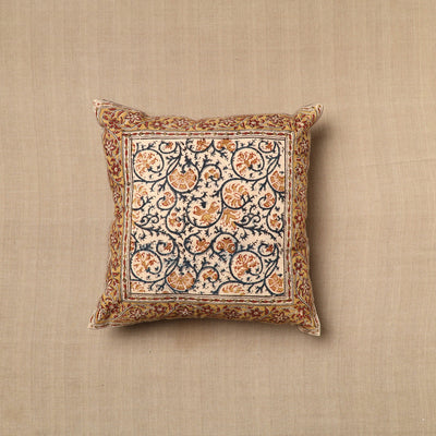 Beige Pedana Block Print Cotton Kalamkari Cushion Cover