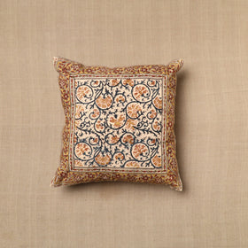 Beige Pedana Block Print Cotton Kalamkari Cushion Cover
