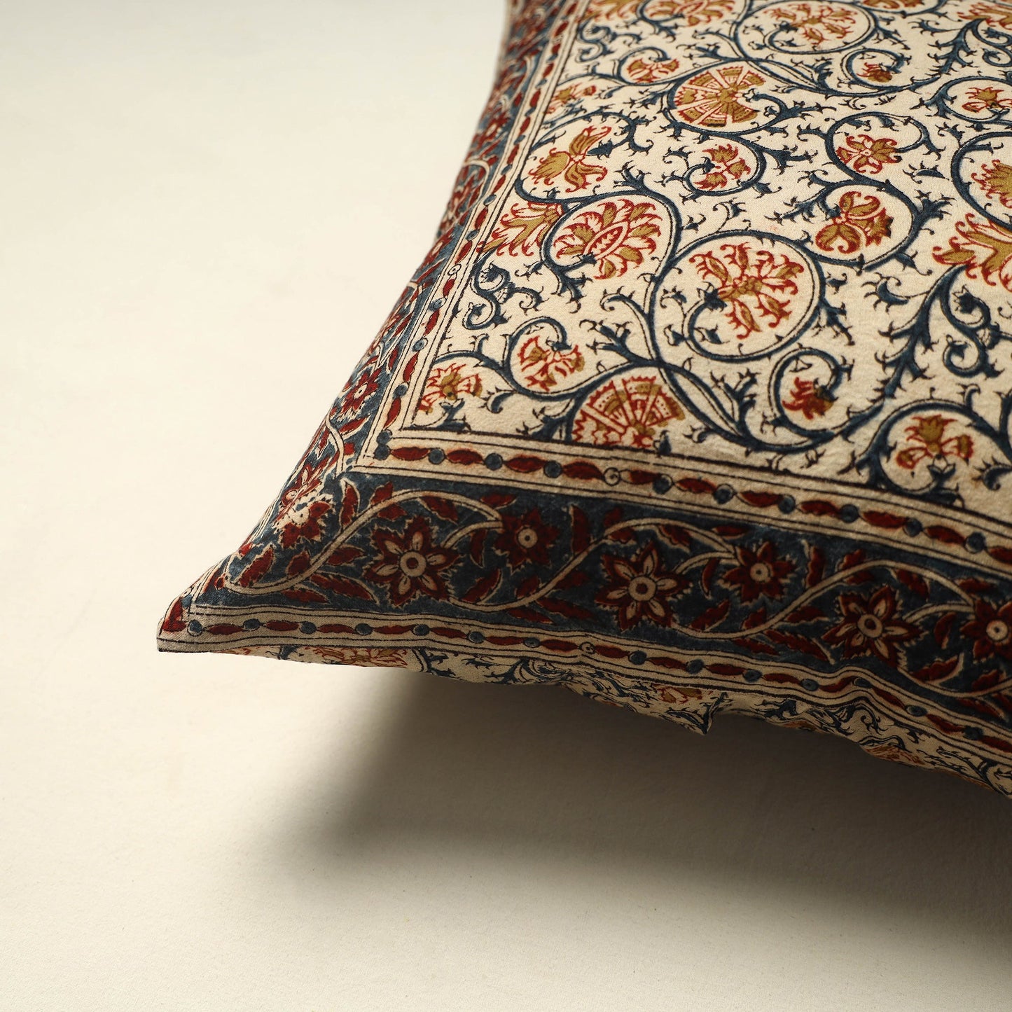 Beige Pedana Block Print Cotton Kalamkari Cushion Cover