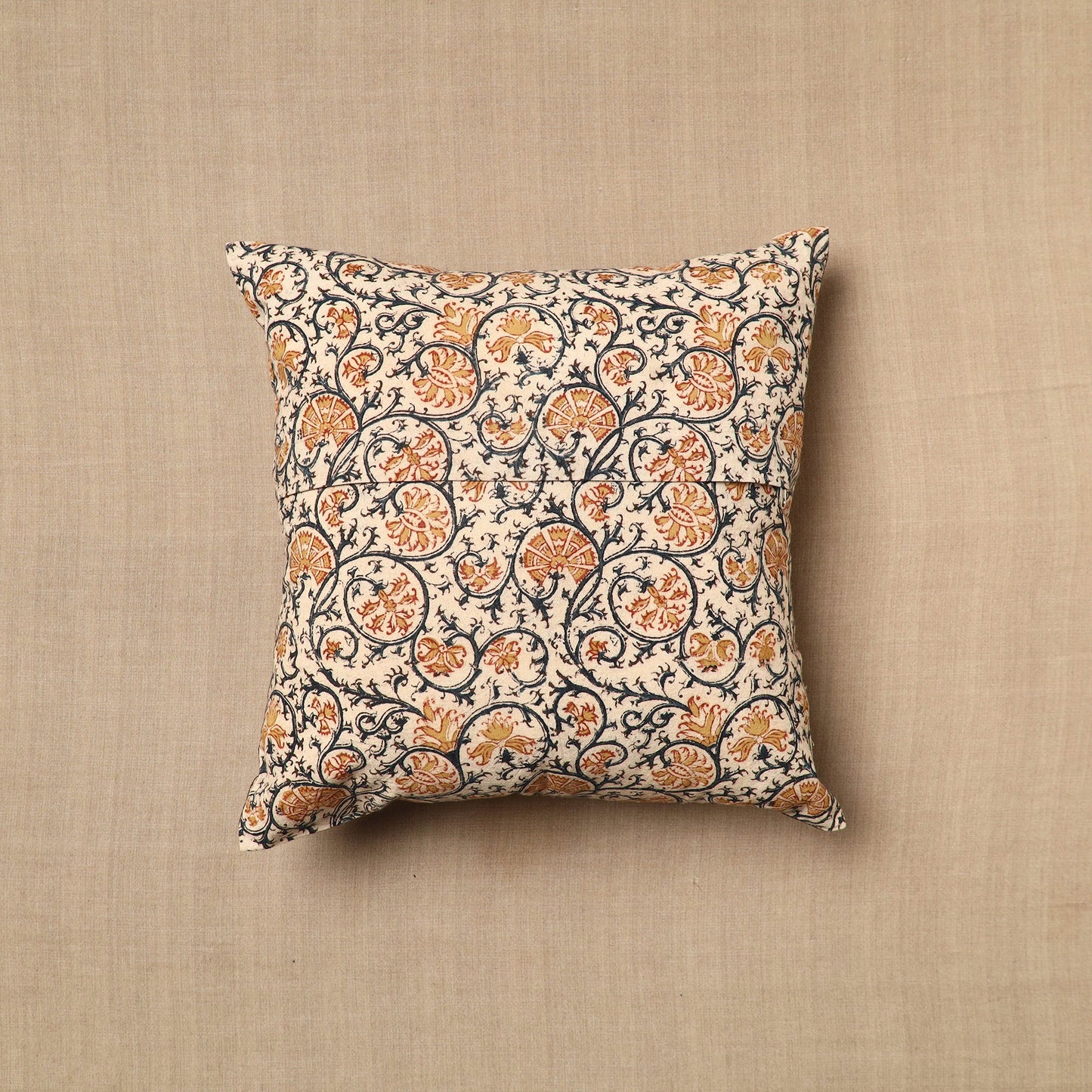 Beige Pedana Block Print Cotton Kalamkari Cushion Cover