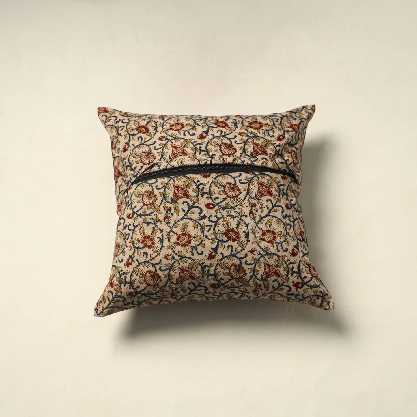 Beige Pedana Block Print Cotton Kalamkari Cushion Cover