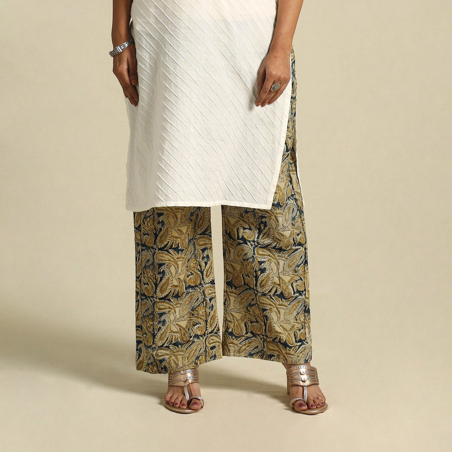  Beige Pedana Block Print Cotton Kalamkari Palazzo