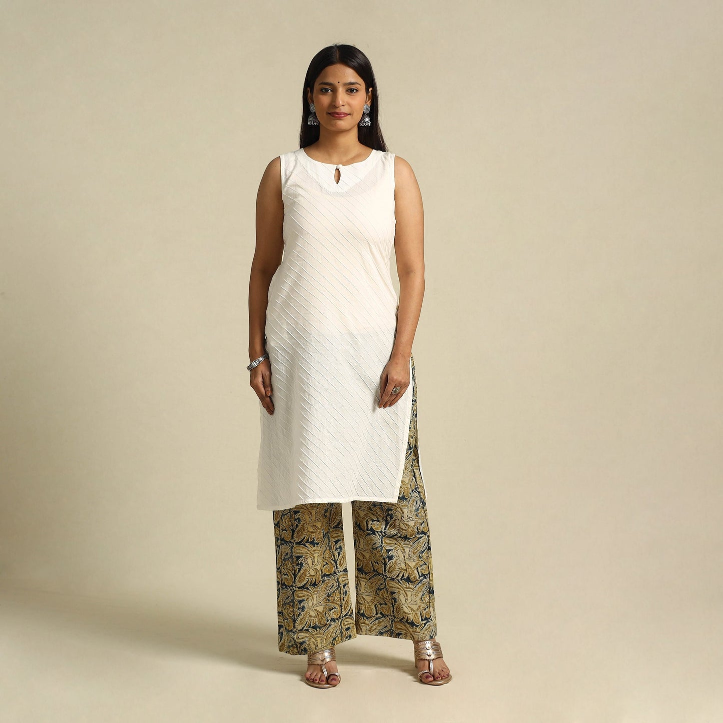  Beige Pedana Block Print Cotton Kalamkari Palazzo