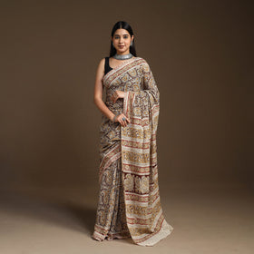 Beige Pedana Block Print Cotton Kalamkari Saree
