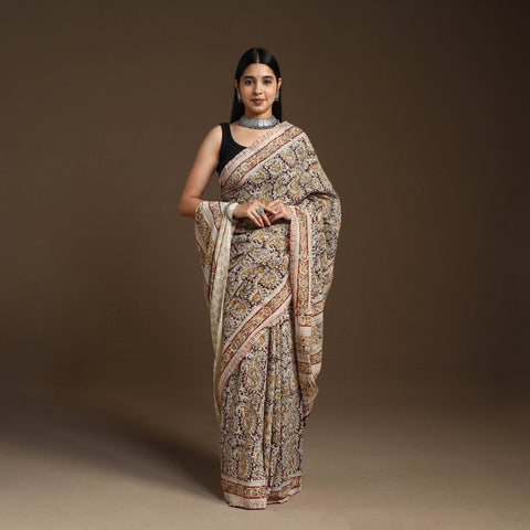 Beige Pedana Block Print Cotton Kalamkari Saree