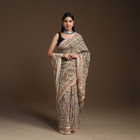 Beige Pedana Block Print Cotton Kalamkari Saree