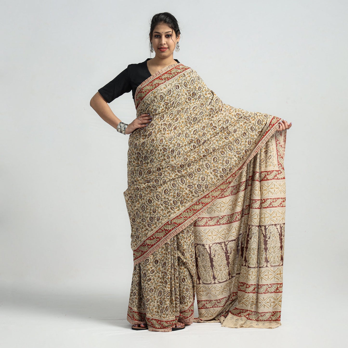 Beige Pedana Block Print Cotton Kalamkari Saree