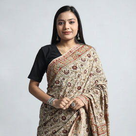 Beige Pedana Block Print Cotton Kalamkari Saree