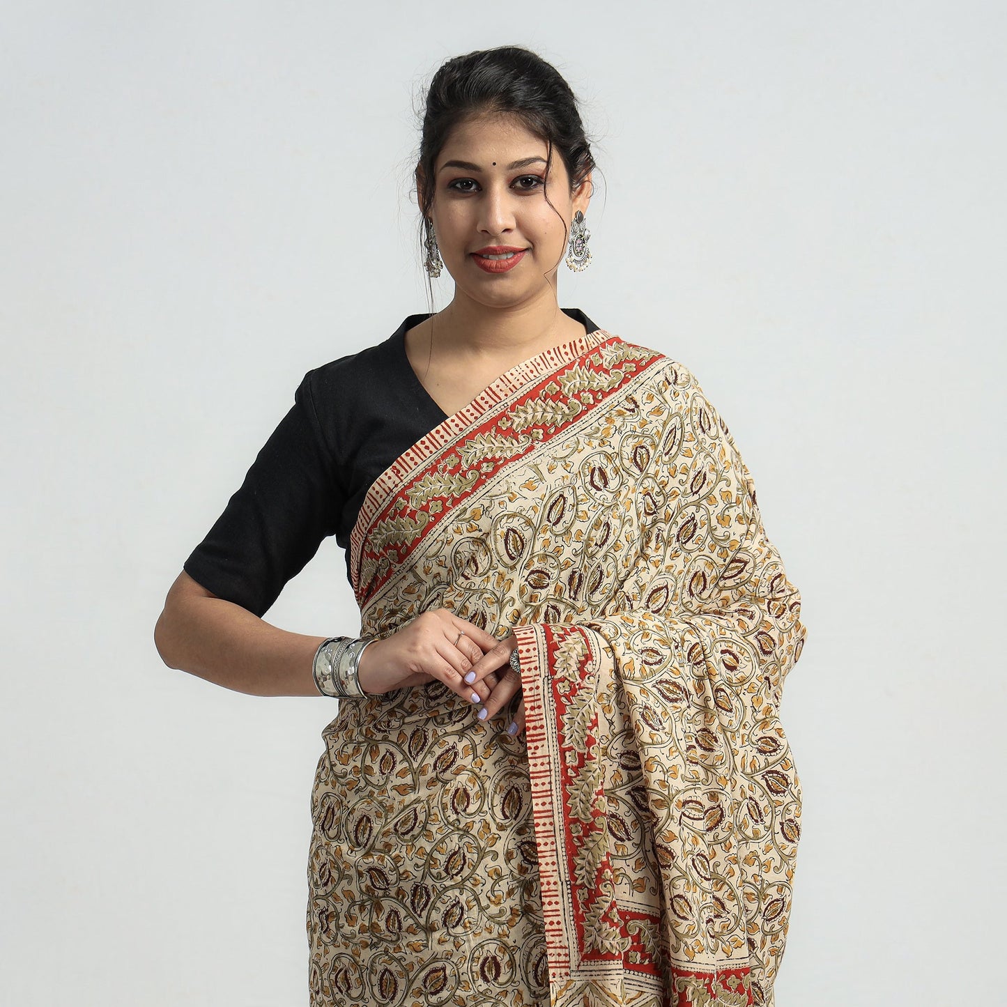 Beige Pedana Block Print Cotton Kalamkari Saree