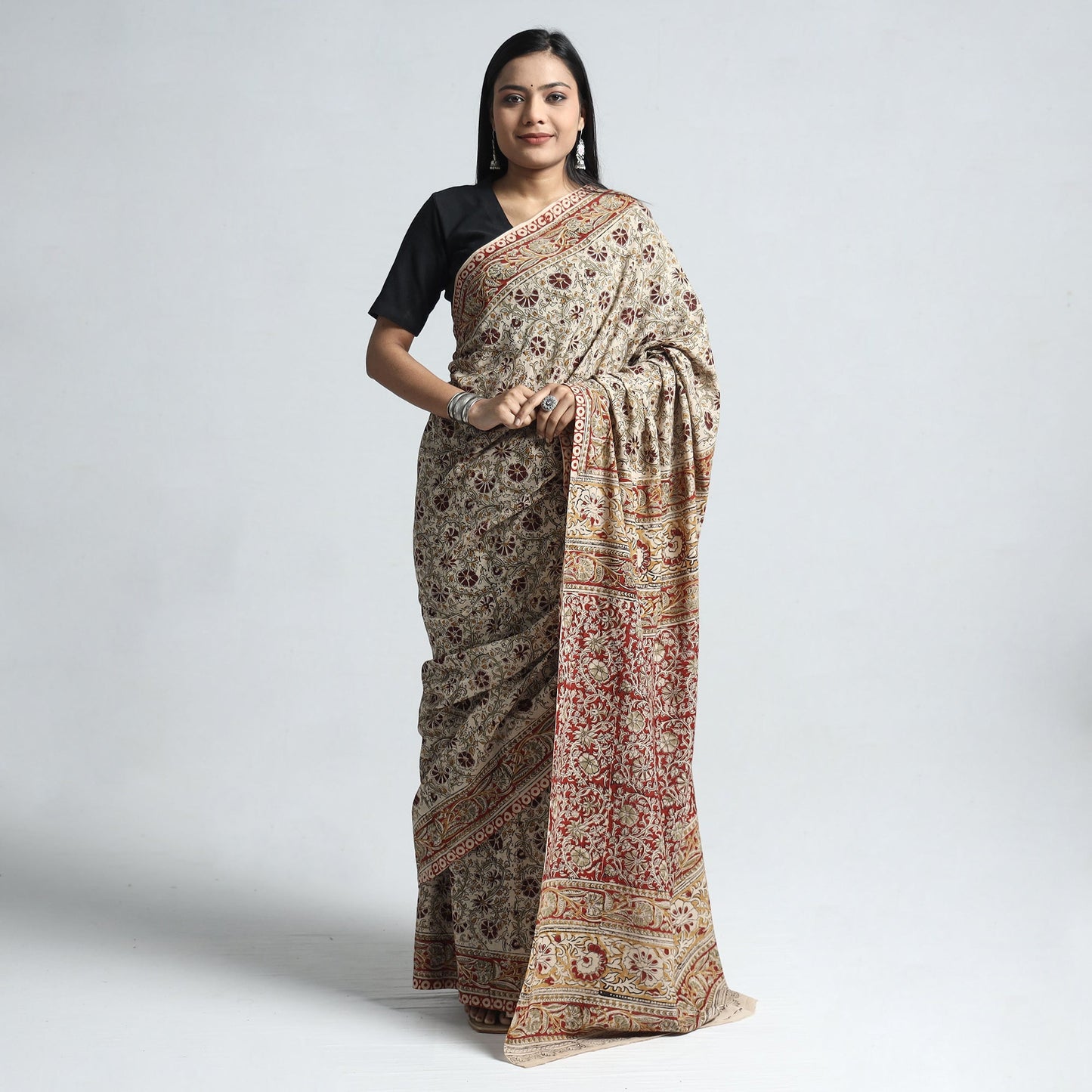 Beige Pedana Block Print Cotton Kalamkari Saree
