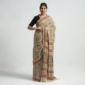 Beige Pedana Block Print Cotton Kalamkari Saree