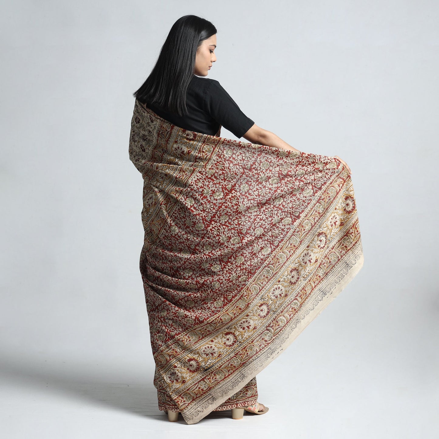 Beige Pedana Block Print Cotton Kalamkari Saree