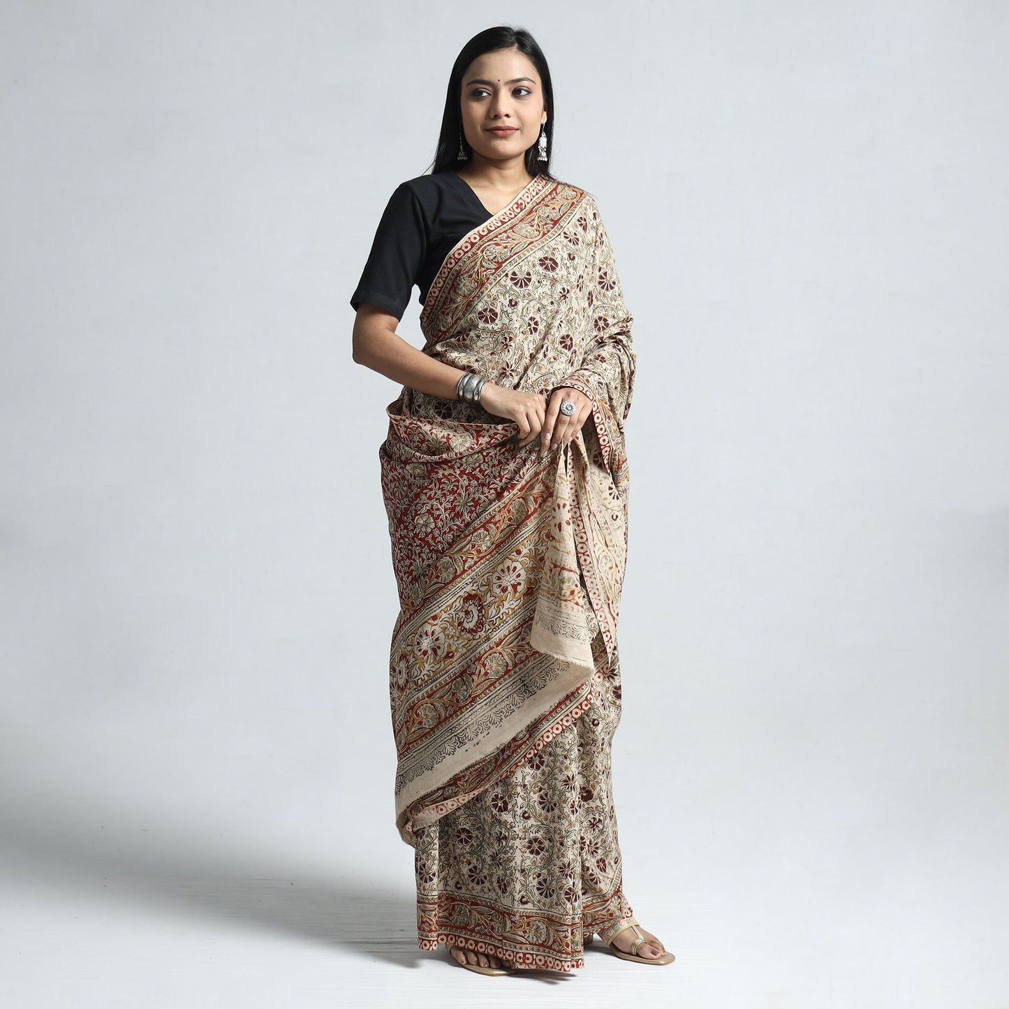 Beige Pedana Block Print Cotton Kalamkari Saree
