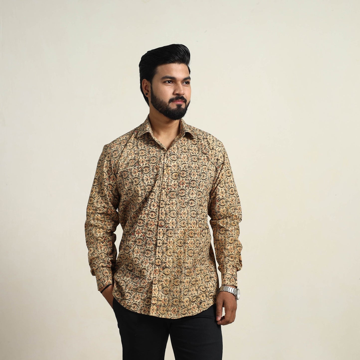 Beige - Pedana Block Print Cotton Kalamkari Shirt for Men