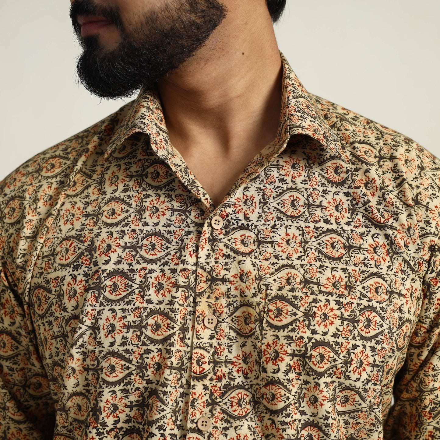 Beige - Pedana Block Print Cotton Kalamkari Shirt for Men