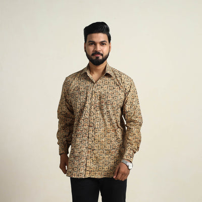 Beige - Pedana Block Print Cotton Kalamkari Shirt for Men