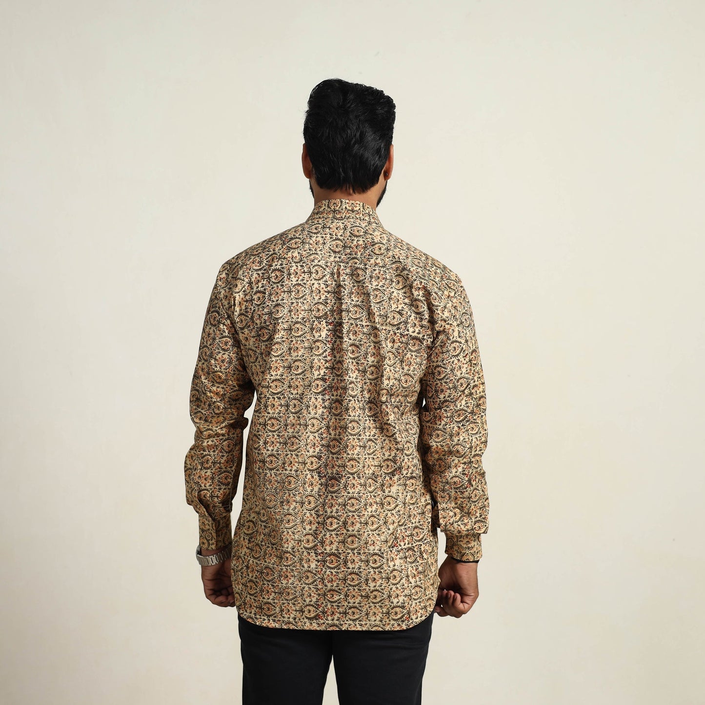 Beige - Pedana Block Print Cotton Kalamkari Shirt for Men