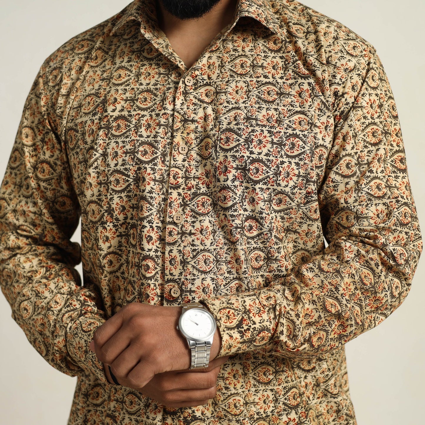 Beige - Pedana Block Print Cotton Kalamkari Shirt for Men