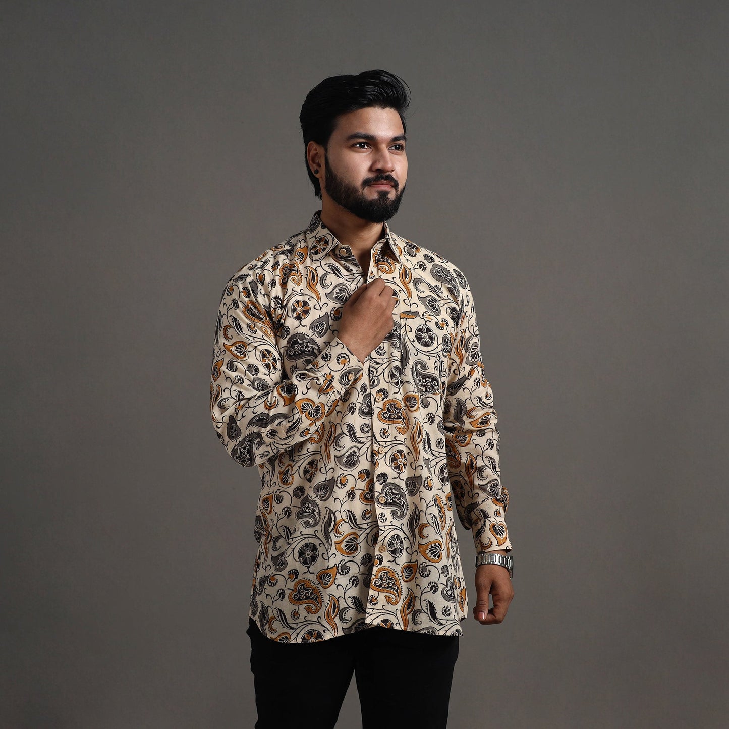 Buy Beige Pedana Block Print Cotton Men Kalamkari Shirt 