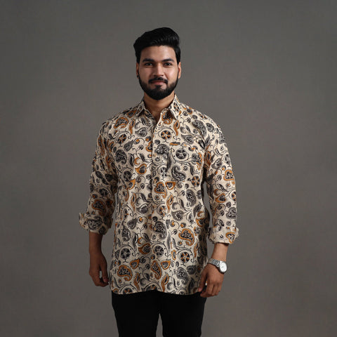 Buy Beige Pedana Block Print Cotton Men Kalamkari Shirt 