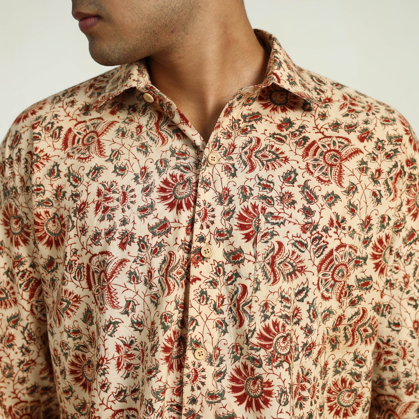 Beige - Pedana Block Print Cotton Men Kalamkari Shirt 10
