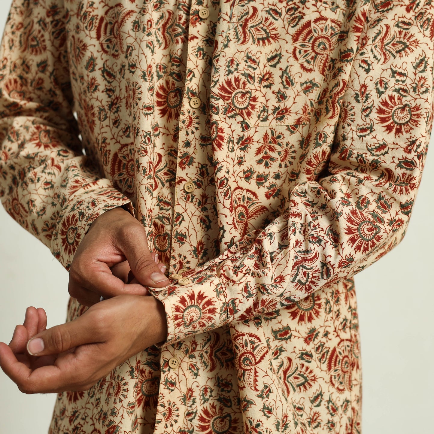 Beige - Pedana Block Print Cotton Men Kalamkari Shirt 10