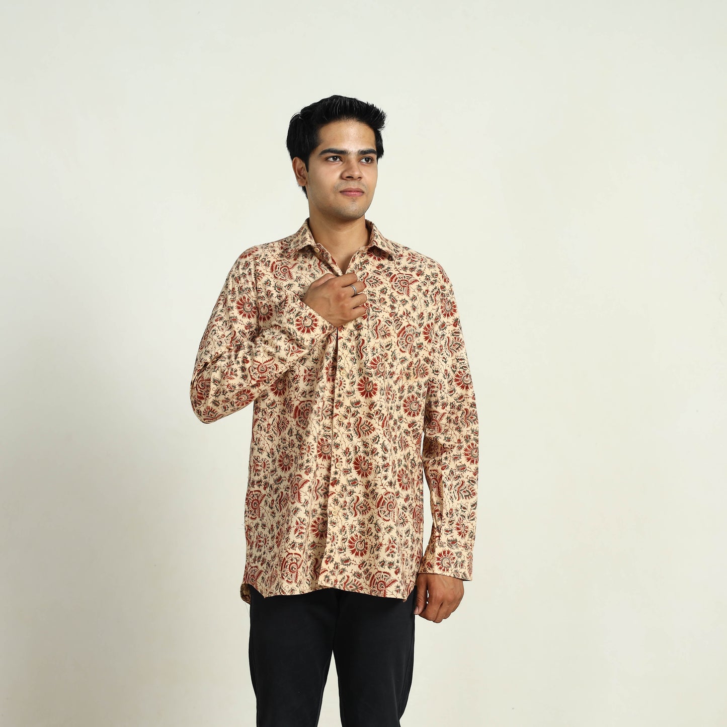Beige - Pedana Block Print Cotton Men Kalamkari Shirt 10