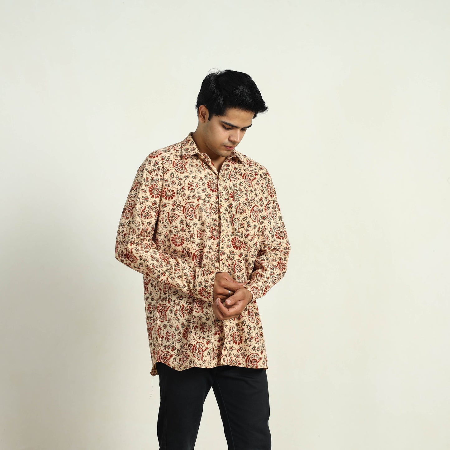 Beige - Pedana Block Print Cotton Men Kalamkari Shirt 10