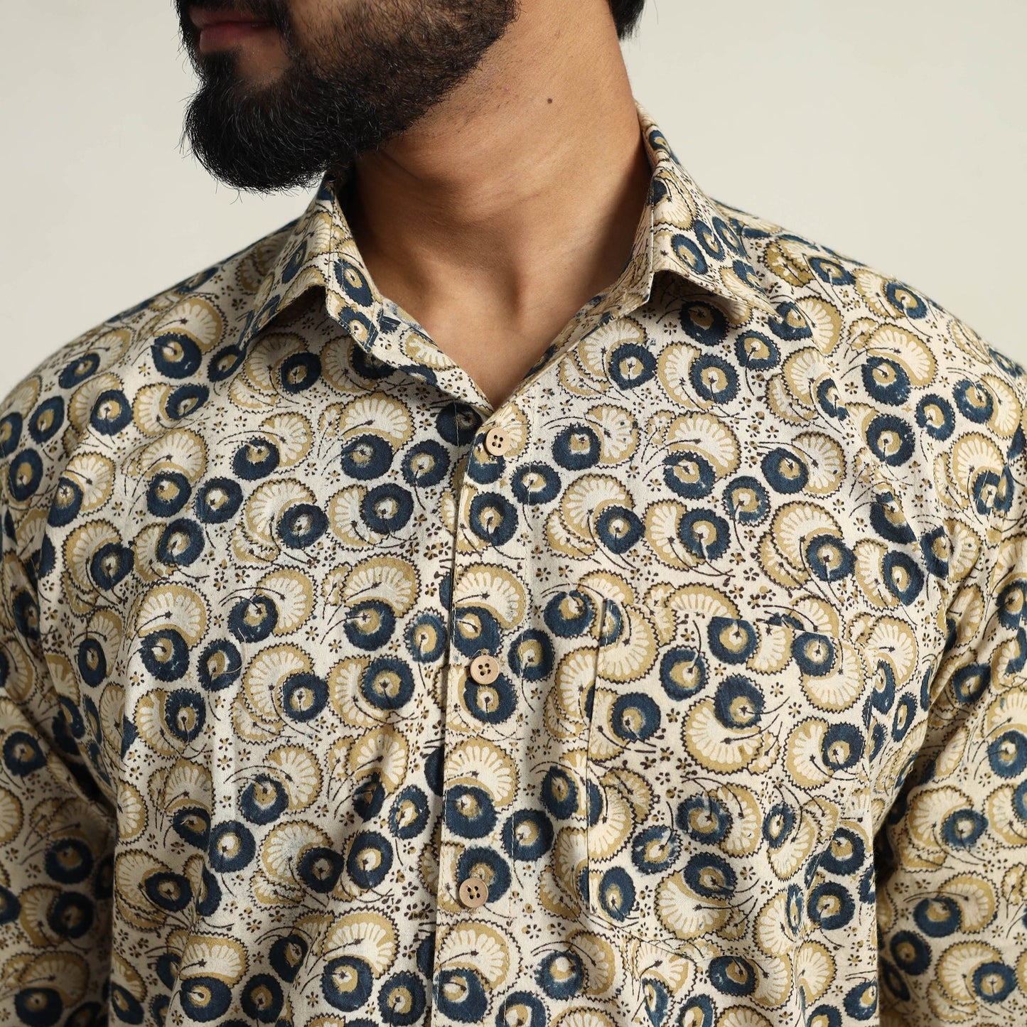  Beige Pedana Block Print Cotton Men Kalamkari Shirt