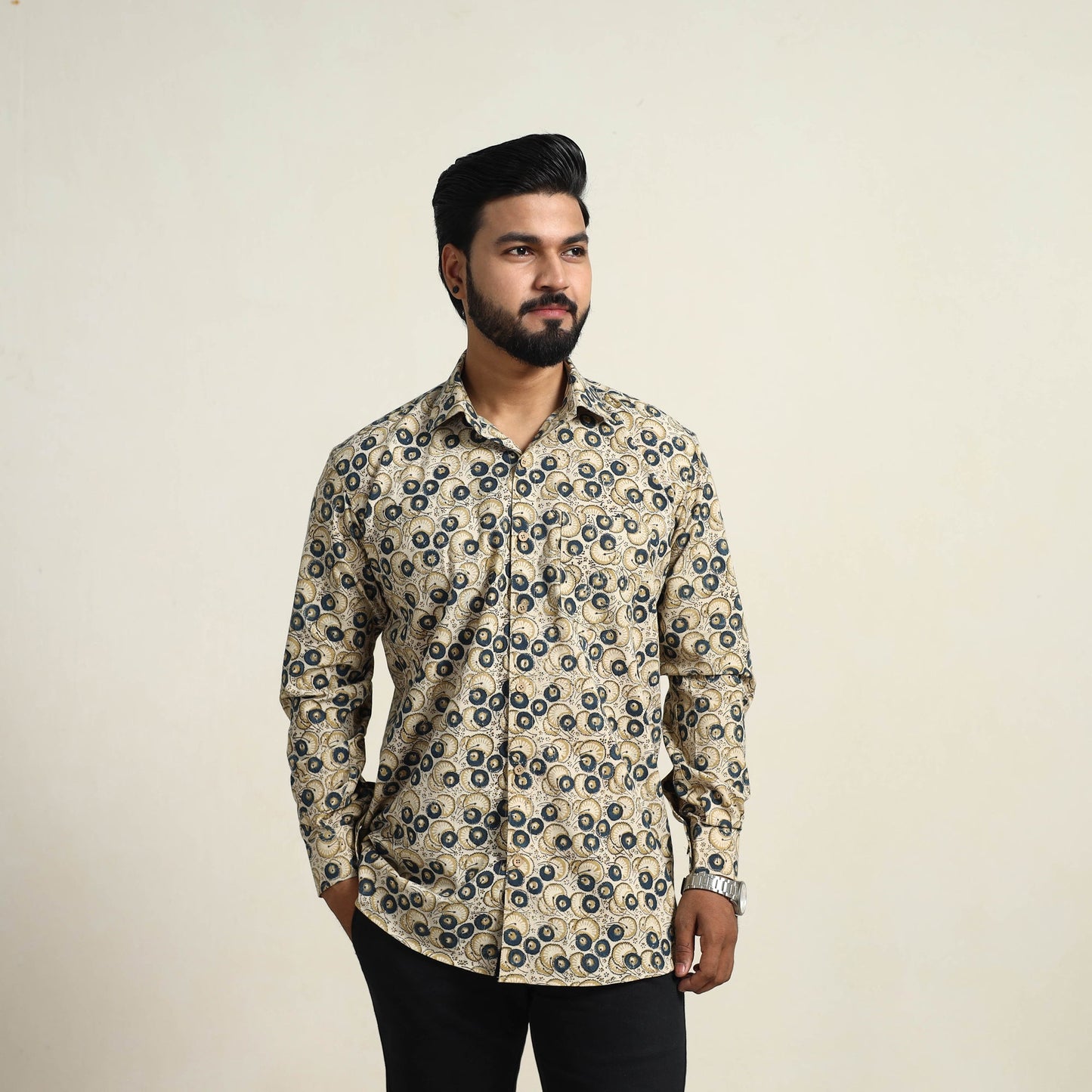  Beige Pedana Block Print Cotton Men Kalamkari Shirt