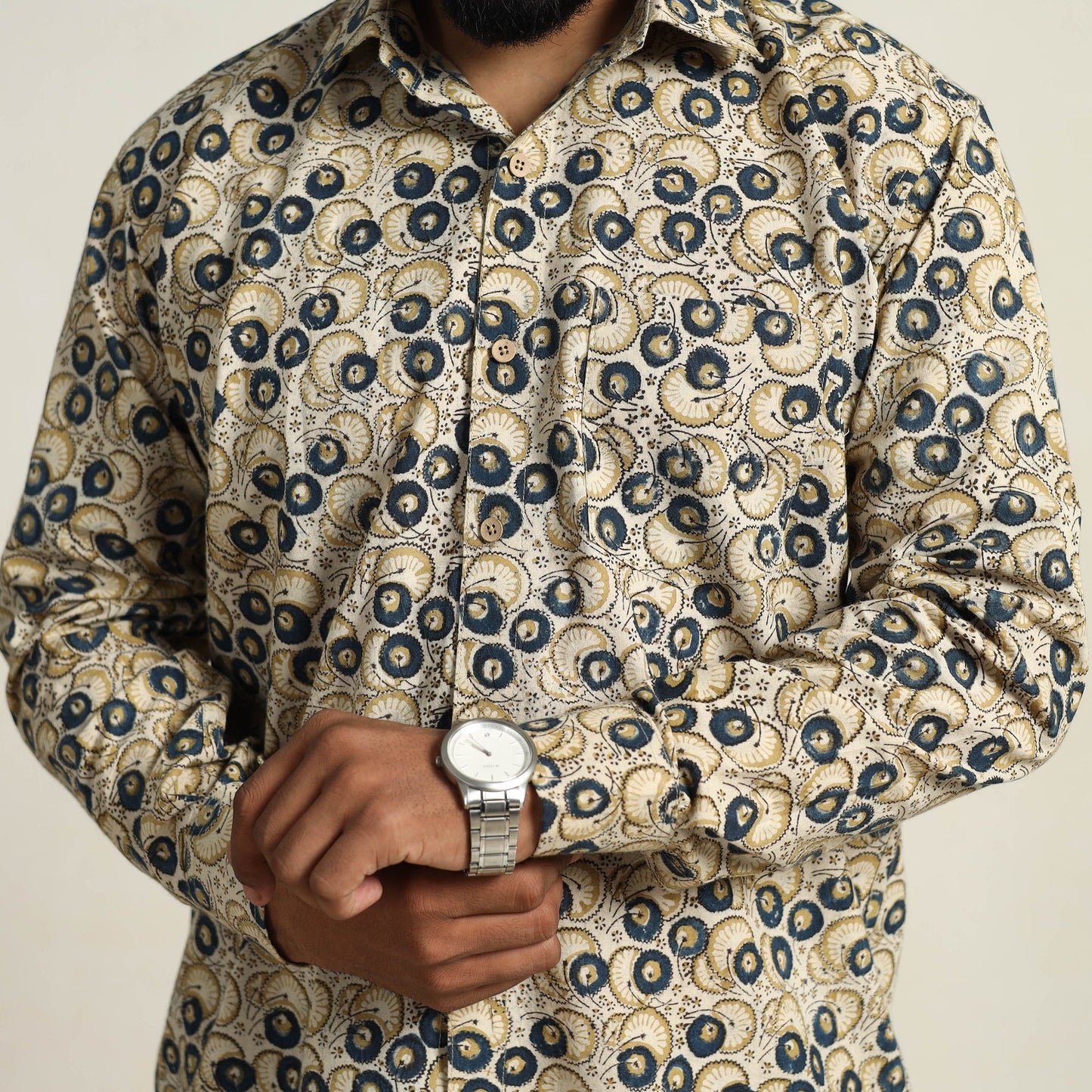  Beige Pedana Block Print Cotton Men Kalamkari Shirt